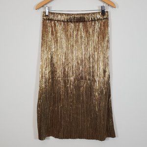 Zara Metallic Gold Lame Crinkle Midi Skirt L
